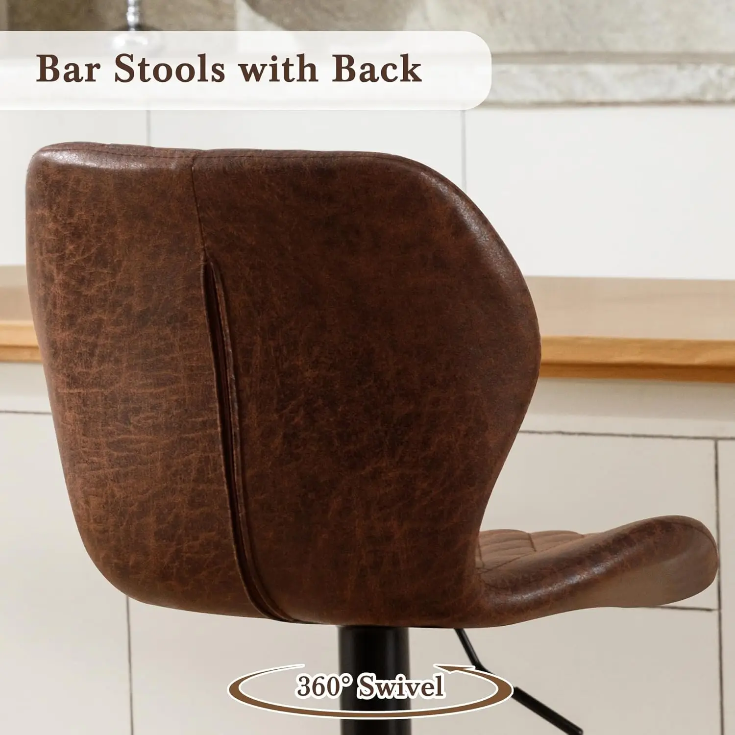 현대식 회전식 바 의자 4개 세트, 등받이가 있는 조절 가능한 패브릭 주방 아일랜드 의자, 브라운