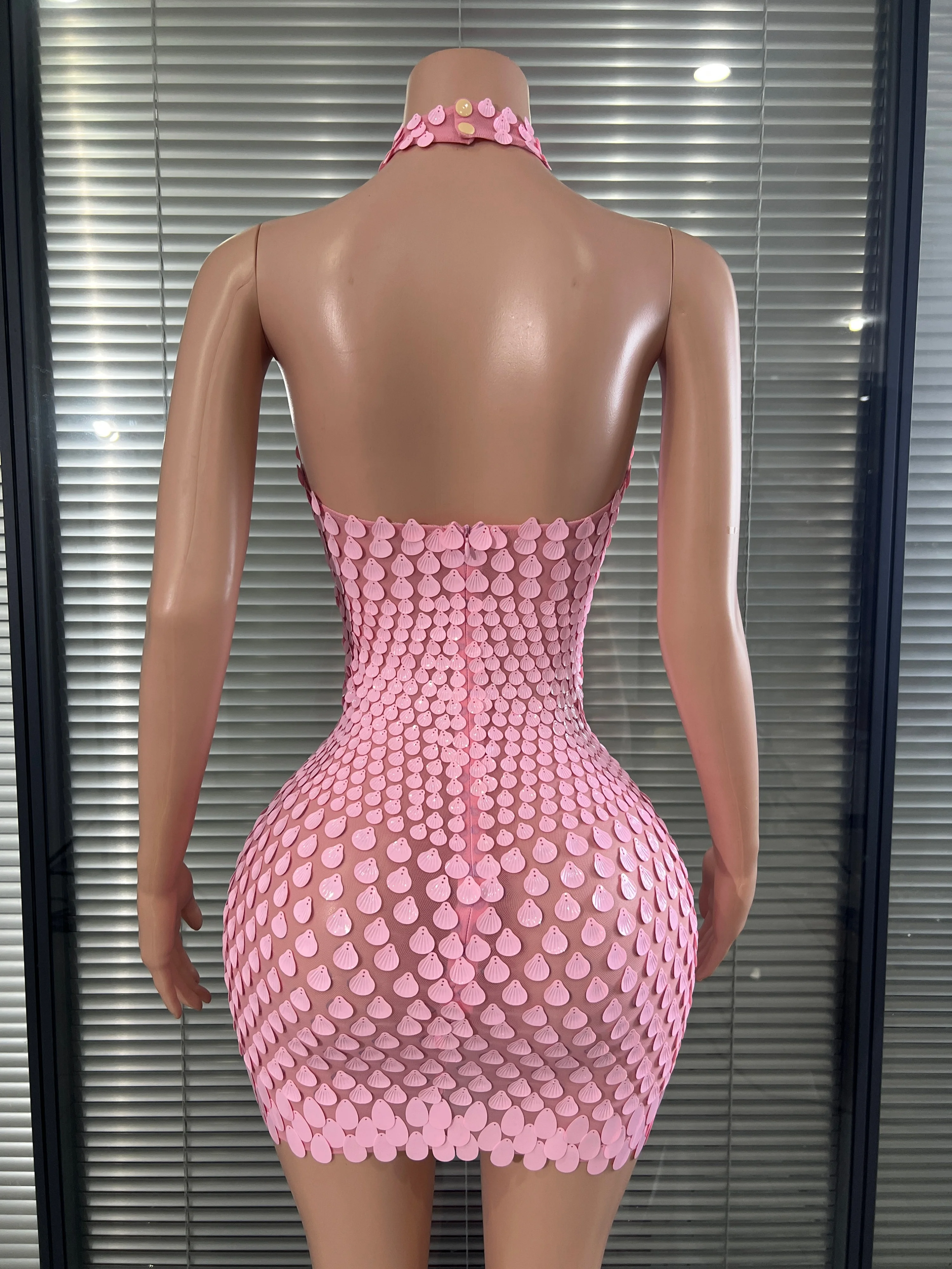 Women Pink Halter Sheer Mesh Mini DressHandmade 3D Scale Shell Sequins Slim Fit BodyconDress Birthday Date Night Club Outfit