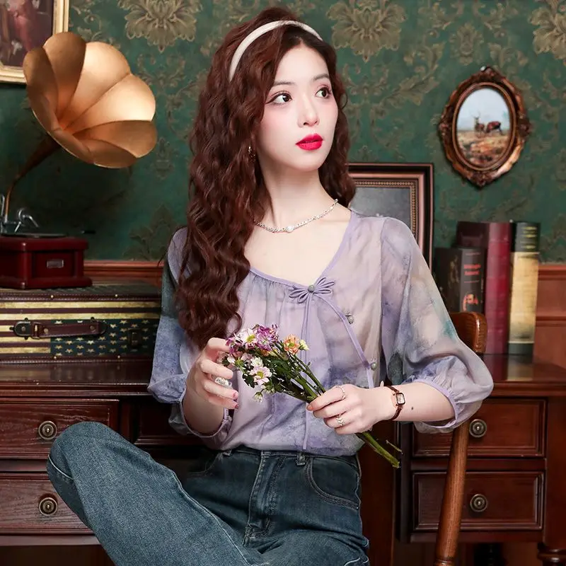 Chemise d'été de Style chinois pour femmes, haut Slim violet et beau tempérament, rajeunissant, nouvelle collection