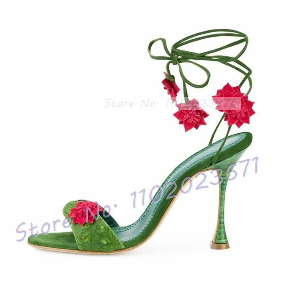 Sandalias verdes con cordones de flores rojas para mujer, tacones de copa de vino coloridos, sandalias de lujo, serie forestal, zapatos de punta abierta de fiesta elegantes de verano