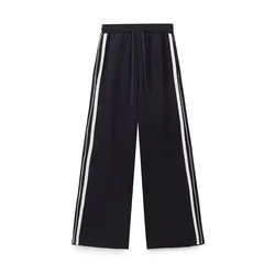 PB&ZA 2024 Autumn/Winter New Product Women's Lace Decoration Mid Waist Strap Comfortable Wide Leg Casual Pants