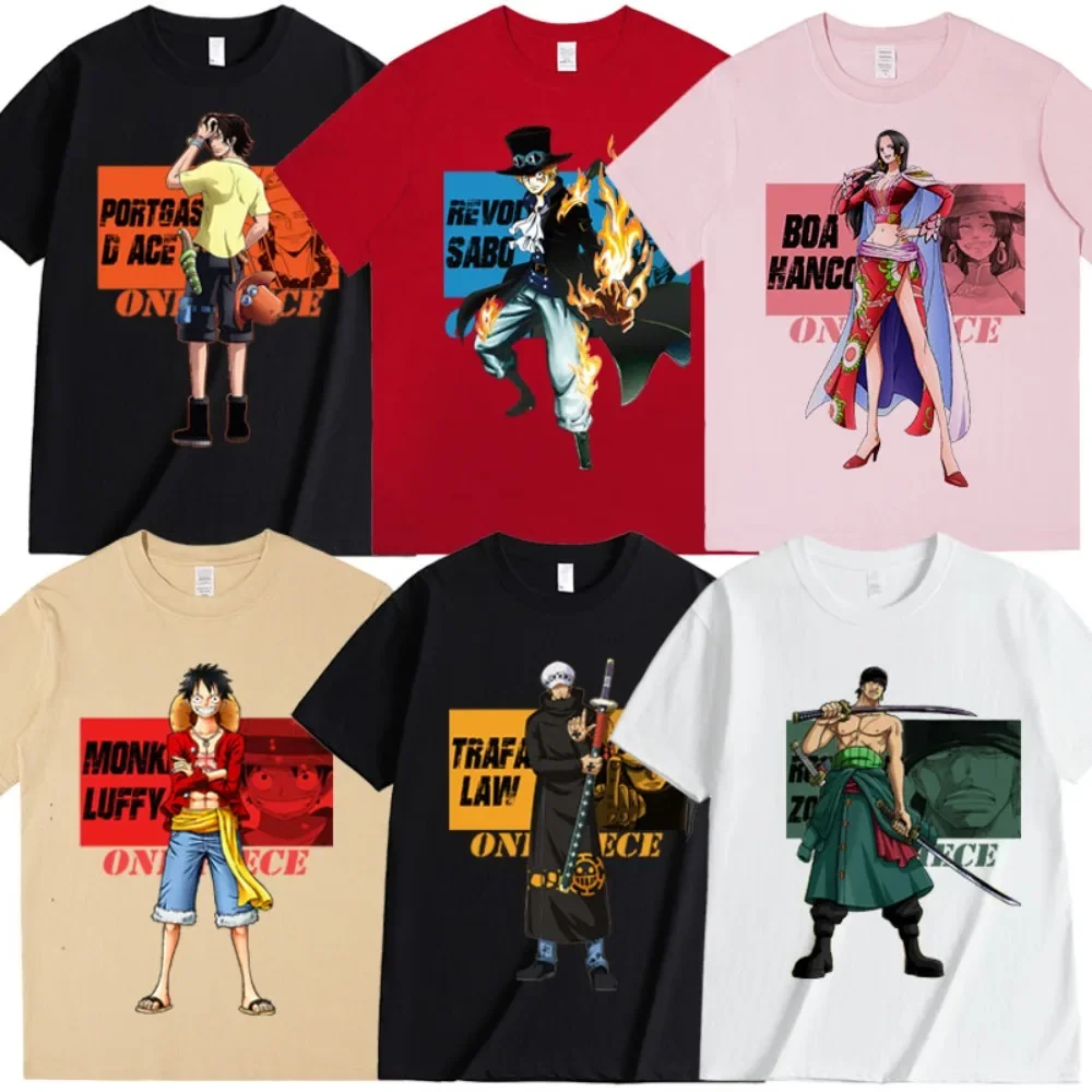 

Новая цельная футболка Luffy Hancock Zoro Law, аниме, хлопок, с коротким рукавом для мужчин и женщин, свободная посадка большого размера, комфортная уличная одежда с графикой