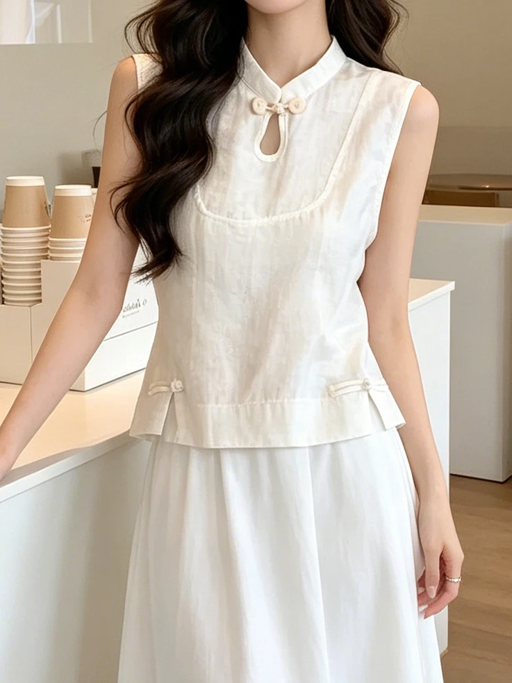 Elegant Chinese Style Button up Vest Women's Sleeveless Summer Top Peach Color Breathable Casual Fashion Polyester Fiber