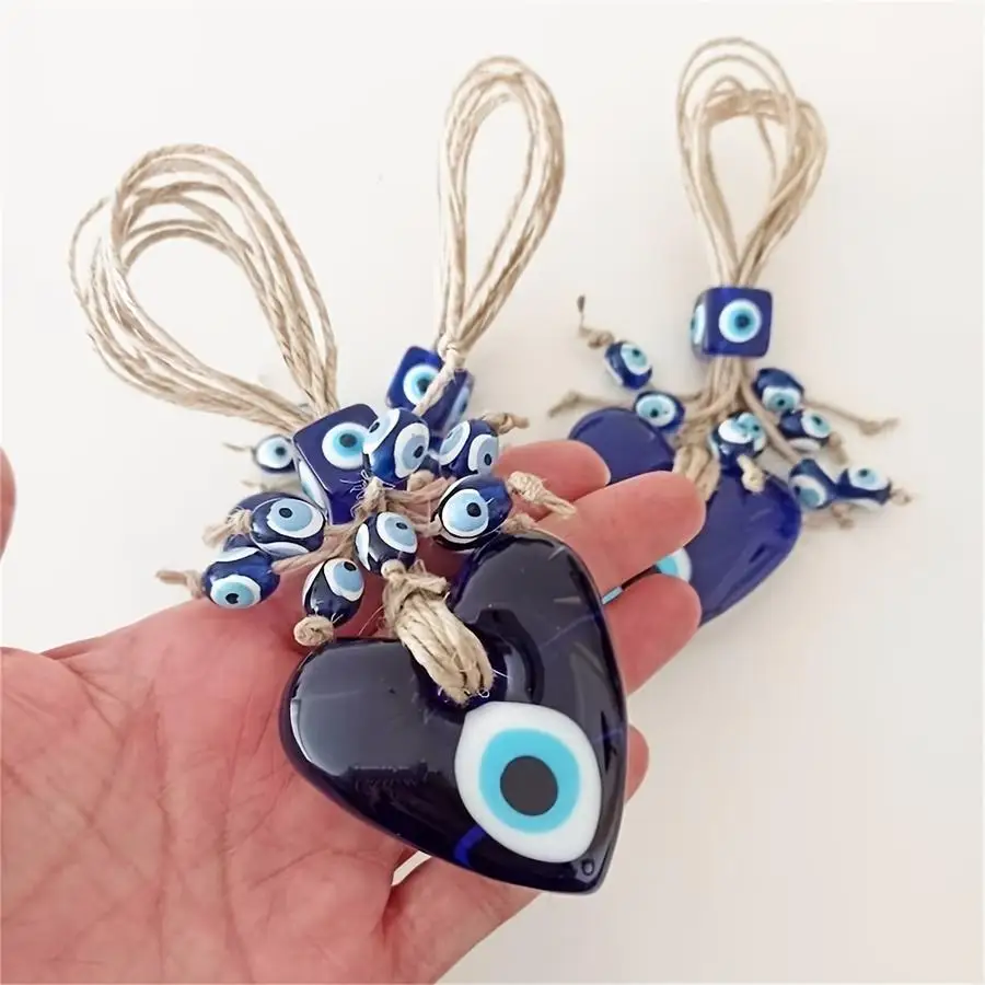 1/5/10/20/50/100pcs Handcrafted Turkish Blue Eye Charm - Heart-Shaped Evil Eye Pendant with Blue Oval Beads - Ideal Wall Hanging