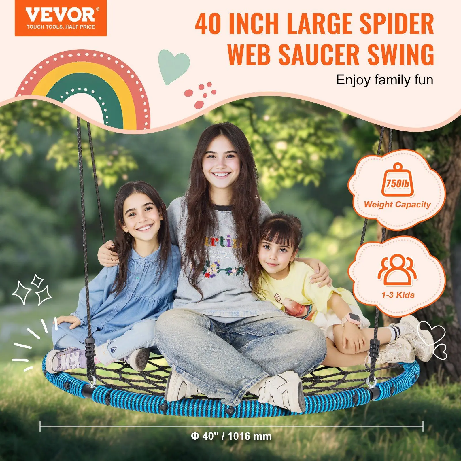 Spider Web Saucer Swing 40 Inch Round Swings for Kids Outdoor 750 lbs