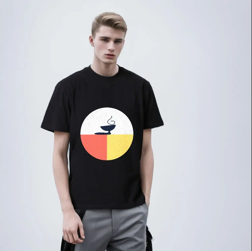 تي شيرت أبيض مع رسومات دائرية على الأمام: دائرة مزخرفة باللون الرمادي الفاتح، فنجان شاي أسود مع بخار، خط عمودي يقسم إلى اليسار #5