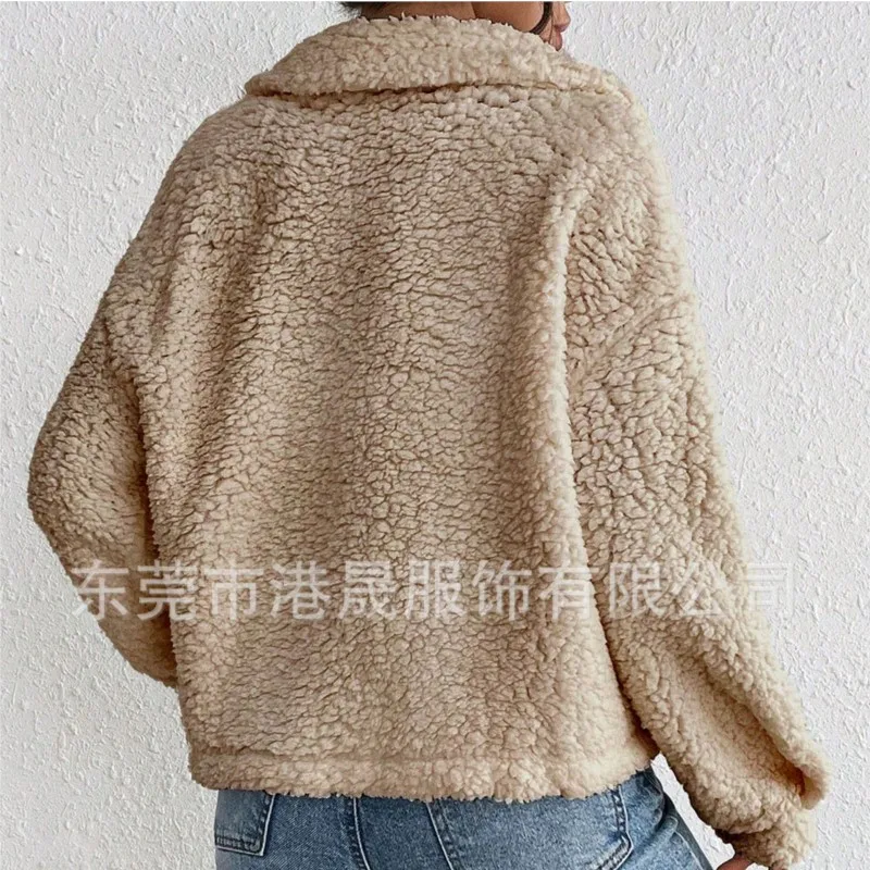Casual Women's Coats Autumn And Winter Lapel Plush Jacket Short Women Jacket New Fashion White Pockets Tops Coat Streetwear