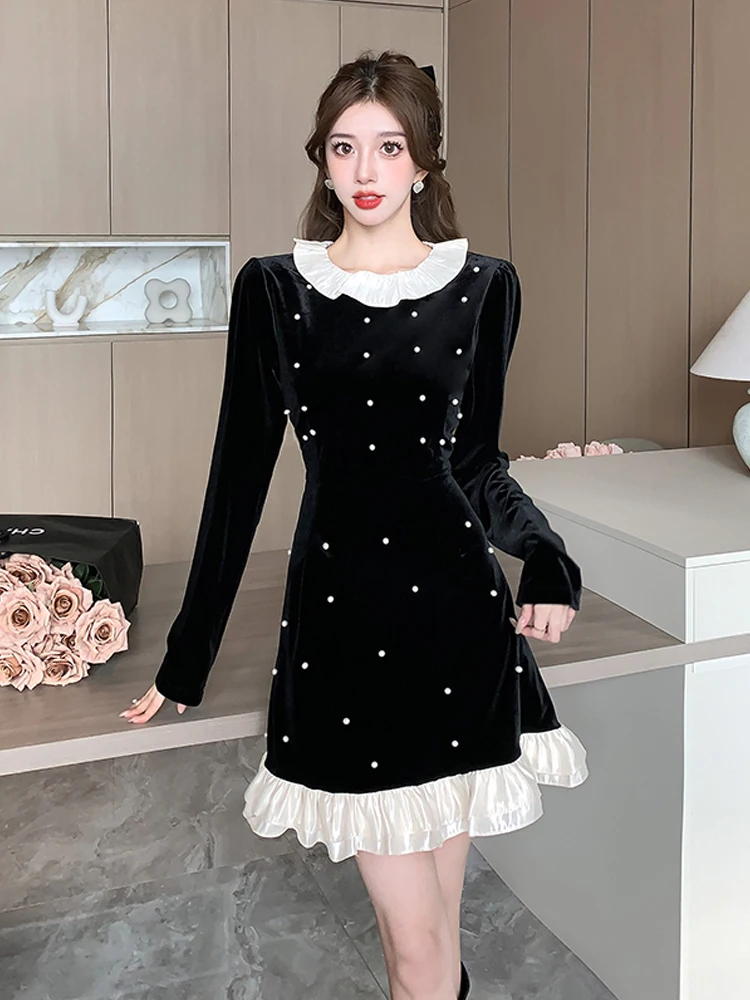 

Women Beads Patchwork Ruffled Black Velour Dress Autumn Winter New High Quality Fashion Design Sense Slim Long And Short Skirts