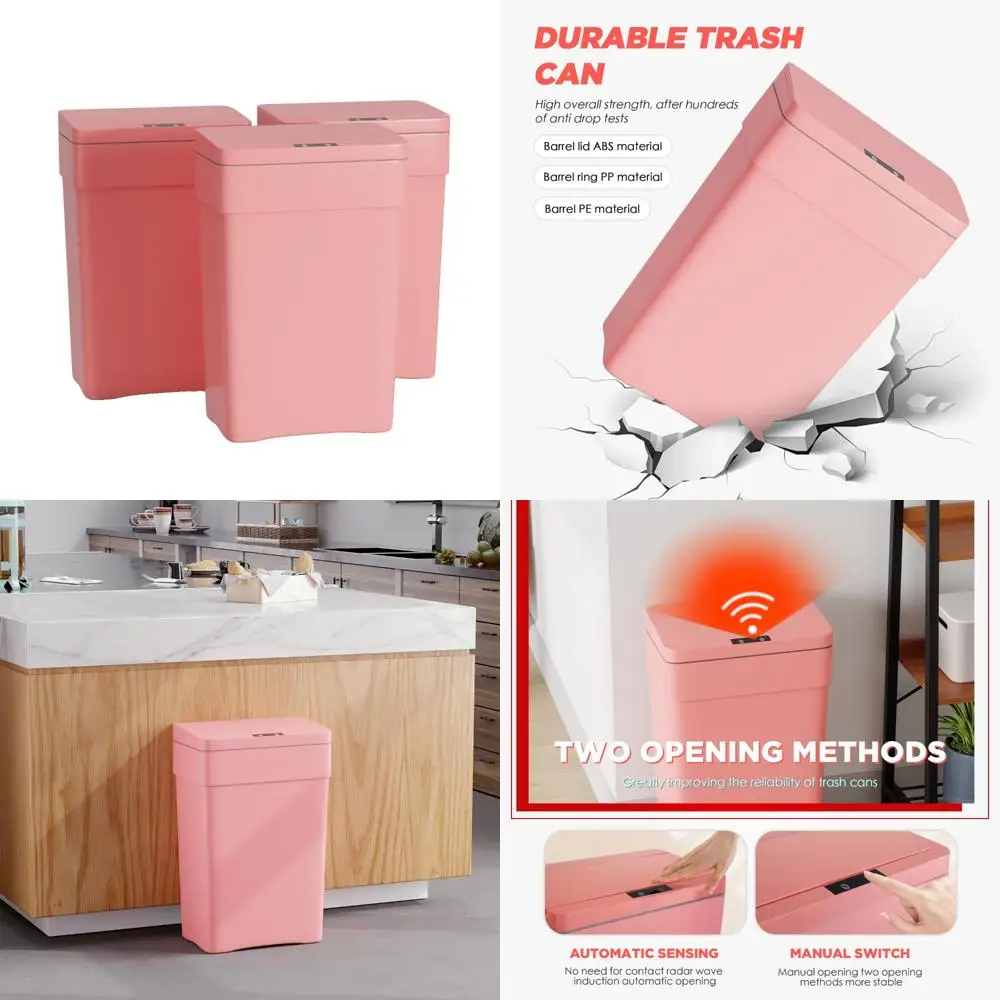 

Automatic Touchless 13 Gallon 50 Liter Motion Sensor Trash Can with Lid, Pink Kitchen Bin (Set of 3)