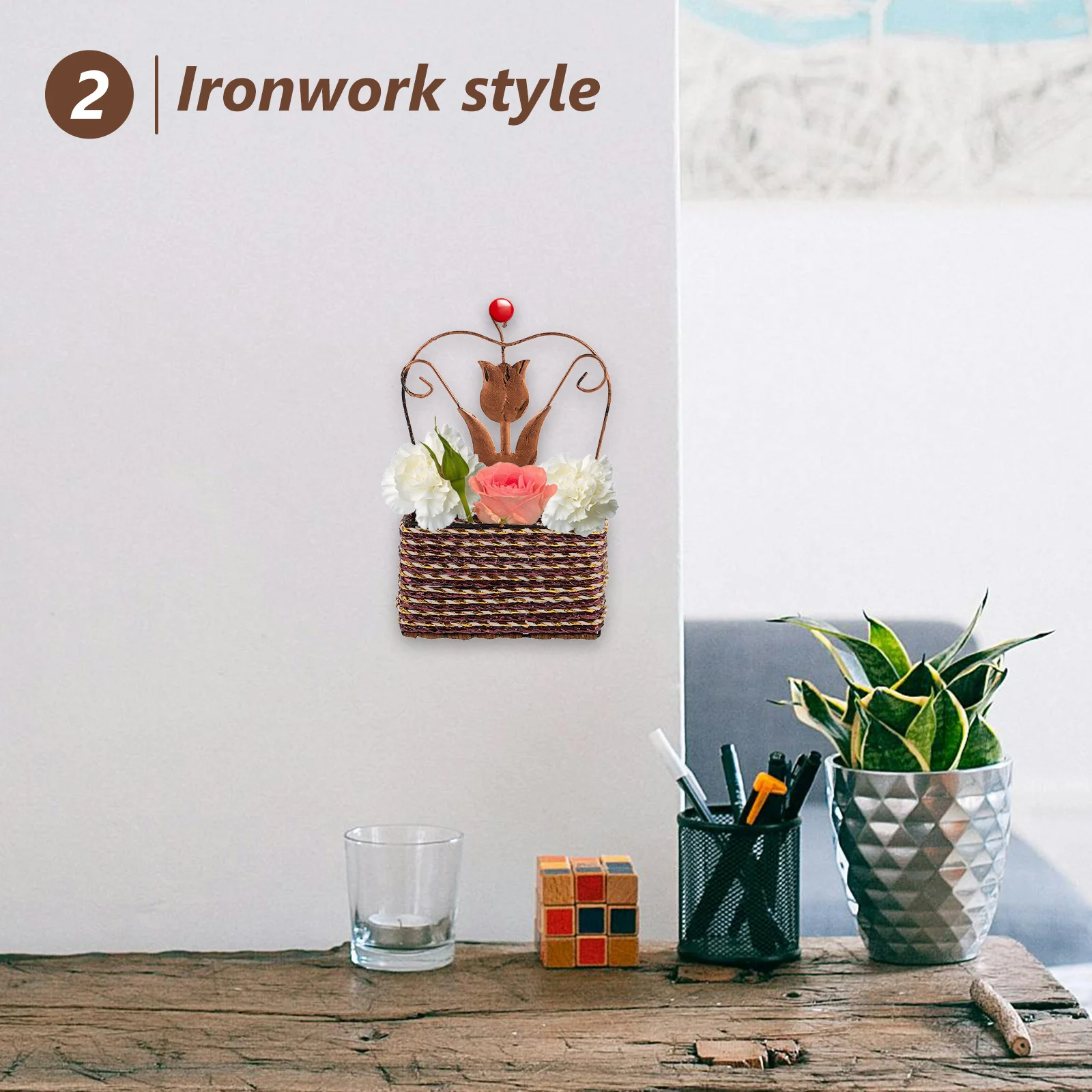 

Woven Hanging Flower Basket Iron Decorative Wall Planter Large Capacity Organizer for Indoor Outdoor Plants Home Garden Storage