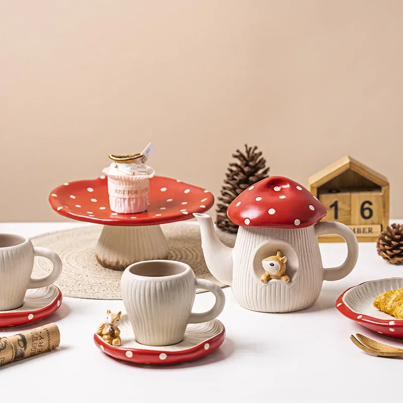 Cute Girl Heart Bowl Set Ceramic Household Floral Tea Teapot Kettle Dessert Plate Cup Saucer Red Mushroom Cutlery