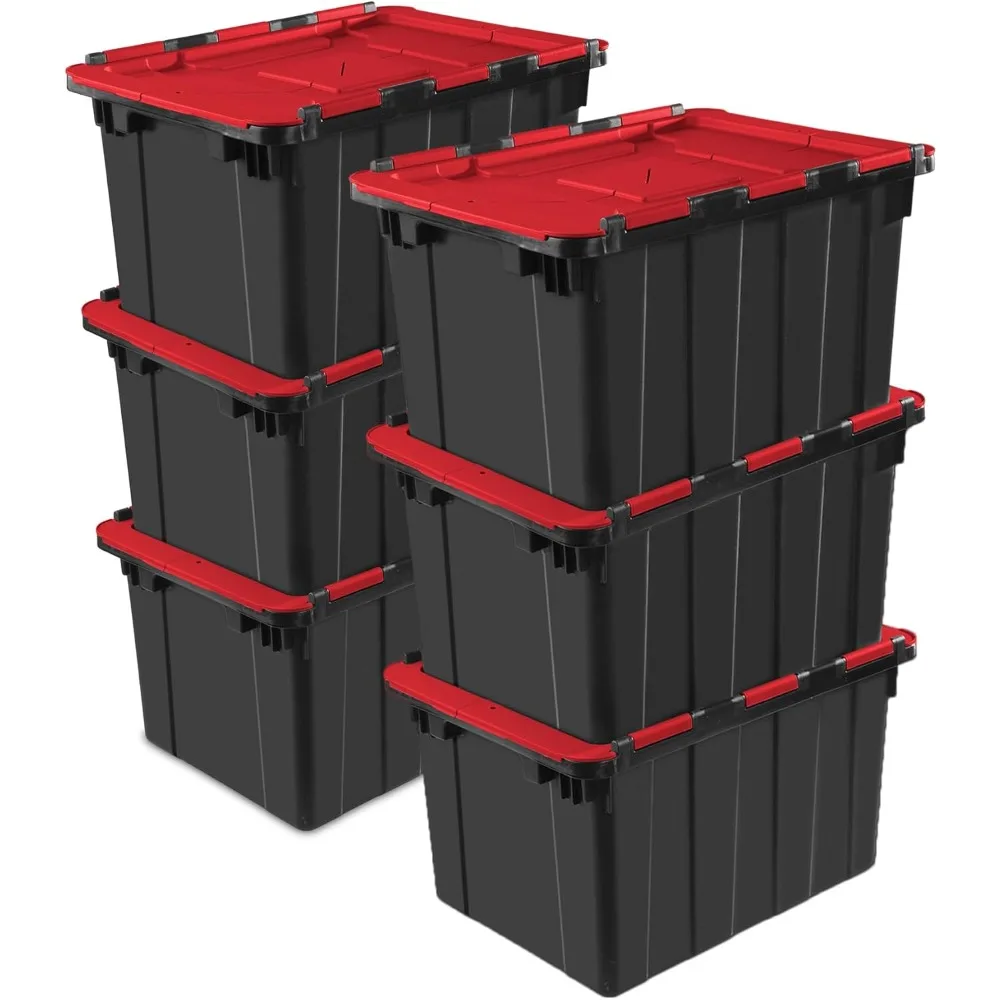 

6-Pack 12 Gallon Hinged Lid Industrial Tote, Heavy-Duty Plastic Organizer - Stackable Multipurpose Home Storage Bins
