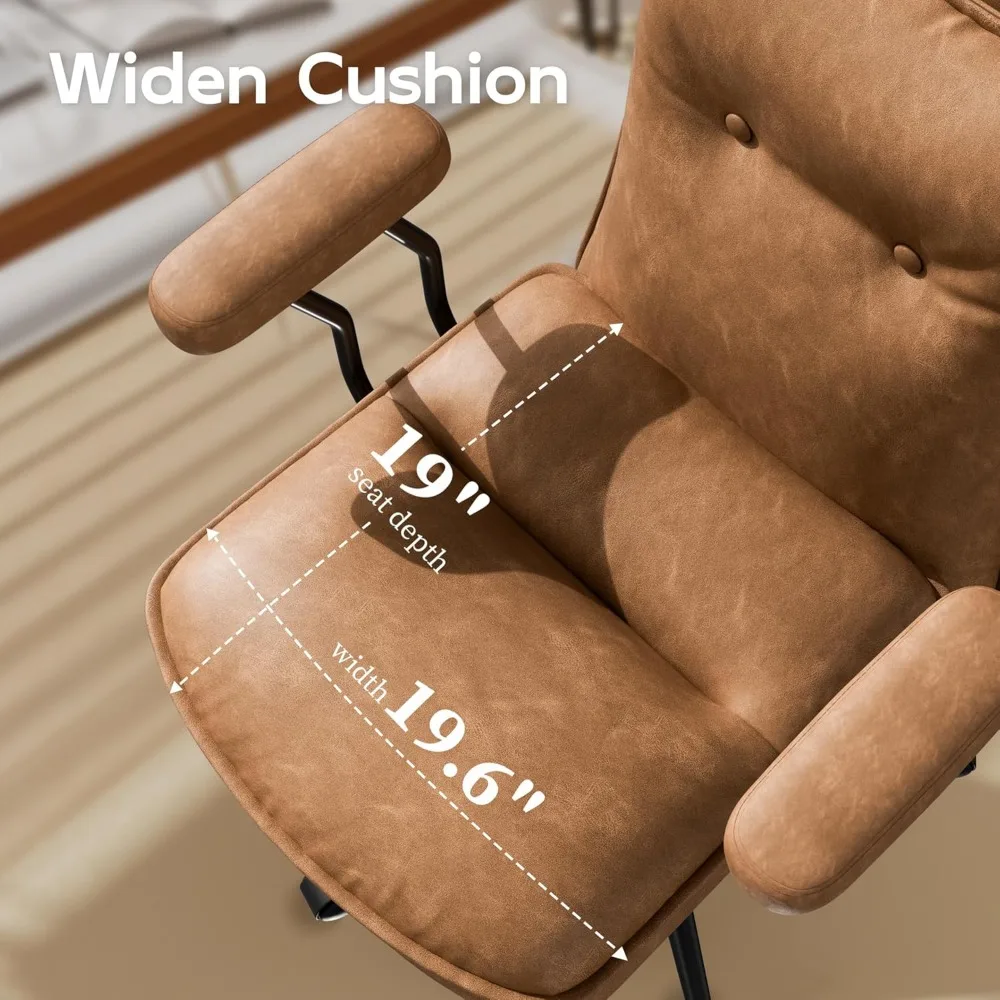เก้าอี้สำนักงานหนังสีน้ำตาลมีล้อ ที่นั่งกว้างหนาสามชั้น ปรับความสูงได้ เก้าอี้ทำงานสไตล์โมเดิร์นยุคกลาง นั่งสบาย