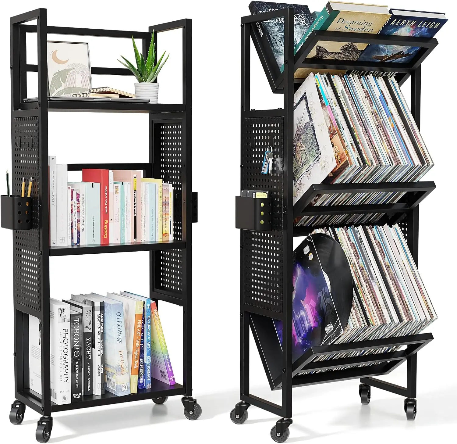 Rolling Book Cart With Wheels, Three Tier Portable Bookshelf Vinyl Record Storage Cart For Albums, Mobile Book Organizer Display Rack With Side Hooks And Storage Bins, Black