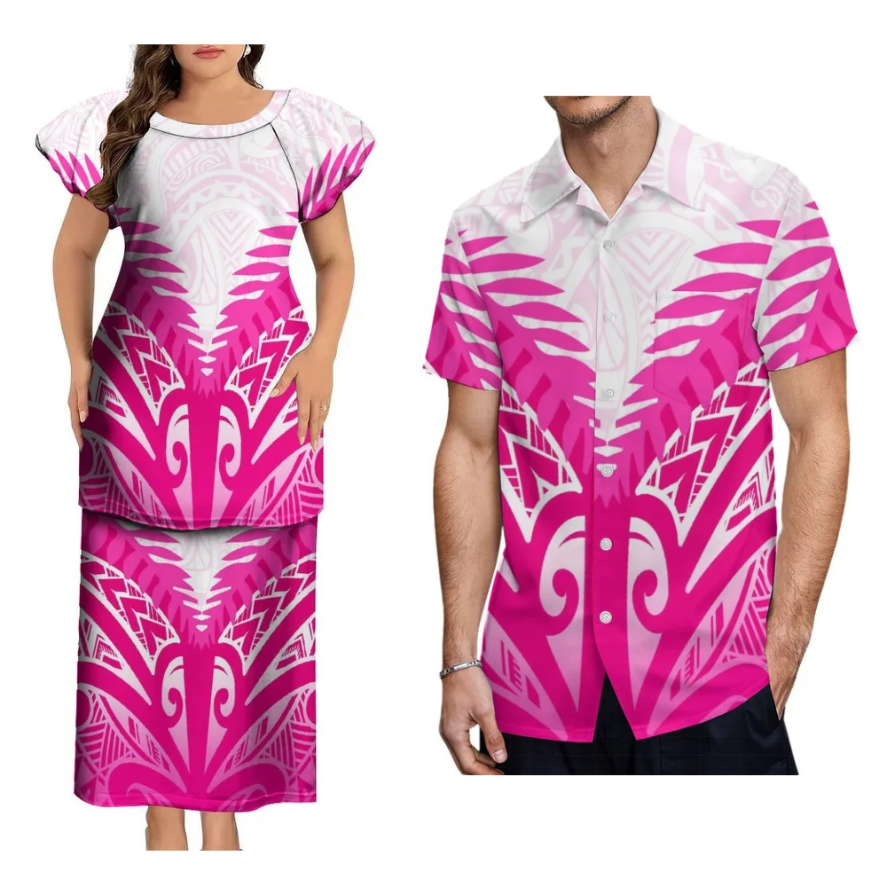 Puletasi feminino topo e vestido longo de duas peças vestido de noite polinésia samoa praia festa casal conjunto masculino camisa aloha
