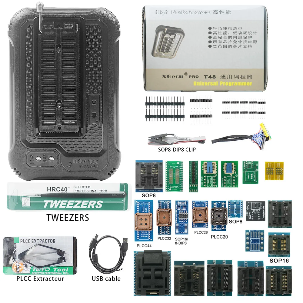 Programmatore Bios Minipro universale XGECU T48 al 100% + set di adattatori con adattatore NAND TL866 PIC Chip intelligente di programmazione veloce