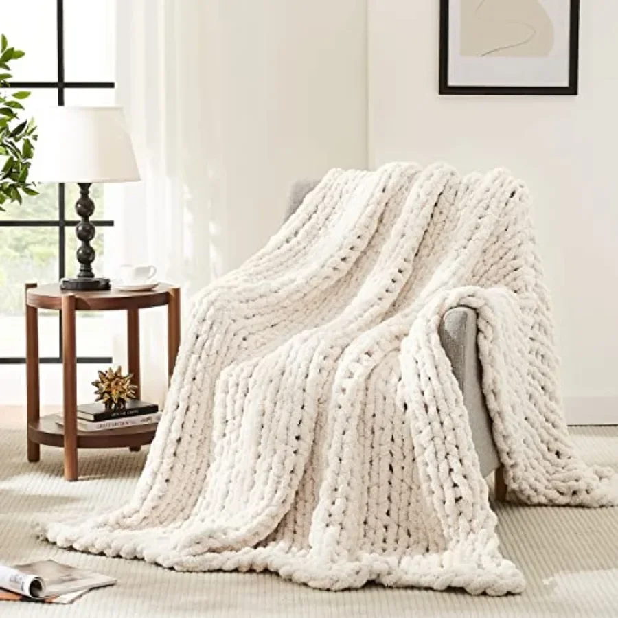 

Chunky Knit Blanket Throw, Soft Chenille Yarn Throw Blanket 50x60 Handmade Cable Knit Crochet Blanket, Large Knit Blankets Chun