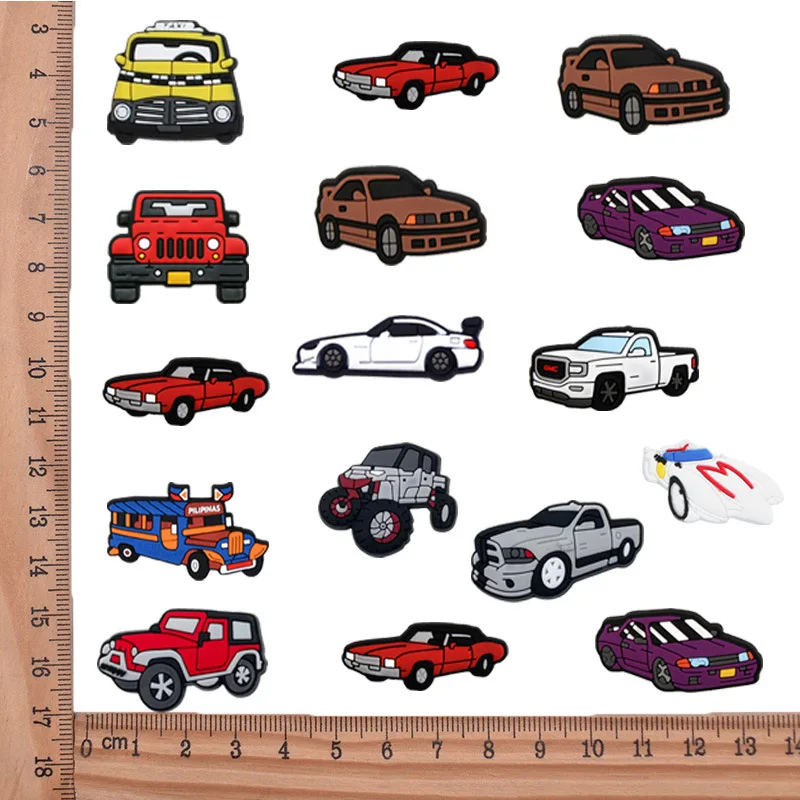 1/33Pcs Mixed Cartoon Vehicle Shoe Charms For Slides Sandals PVC Soft Car Truck Bus Tractor Racing Decorations DIY Accessories