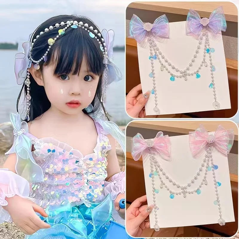 Children Baby Mermaid Princess Pearl Butterfly Fringe Bow Forehead Chain Hairpin Fairy Hair Accessories Cartoon Girls Hair Clip