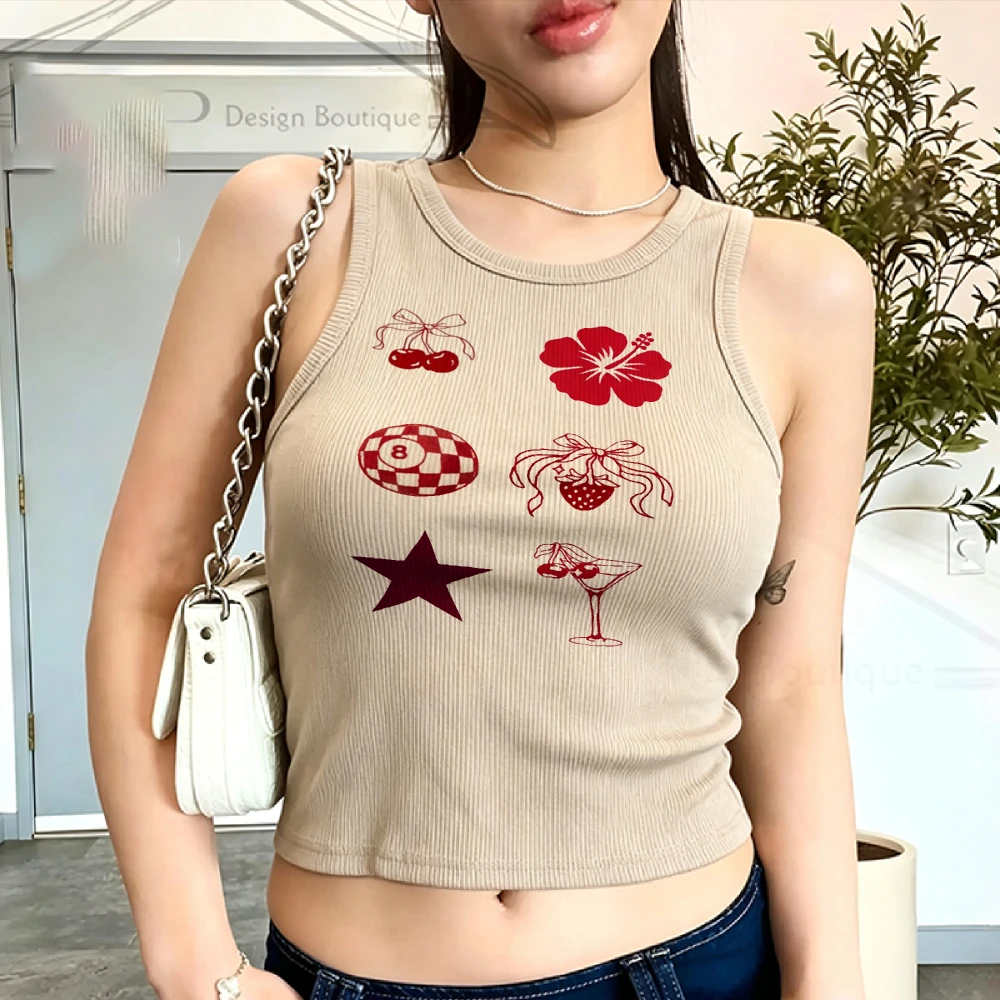 Y2K Red Retro Collage Star Cherry 8Ball Print Slim White Ribbed Crop Tank Women, Vintage Cute Sleeveless Tops Graphic Tank Top