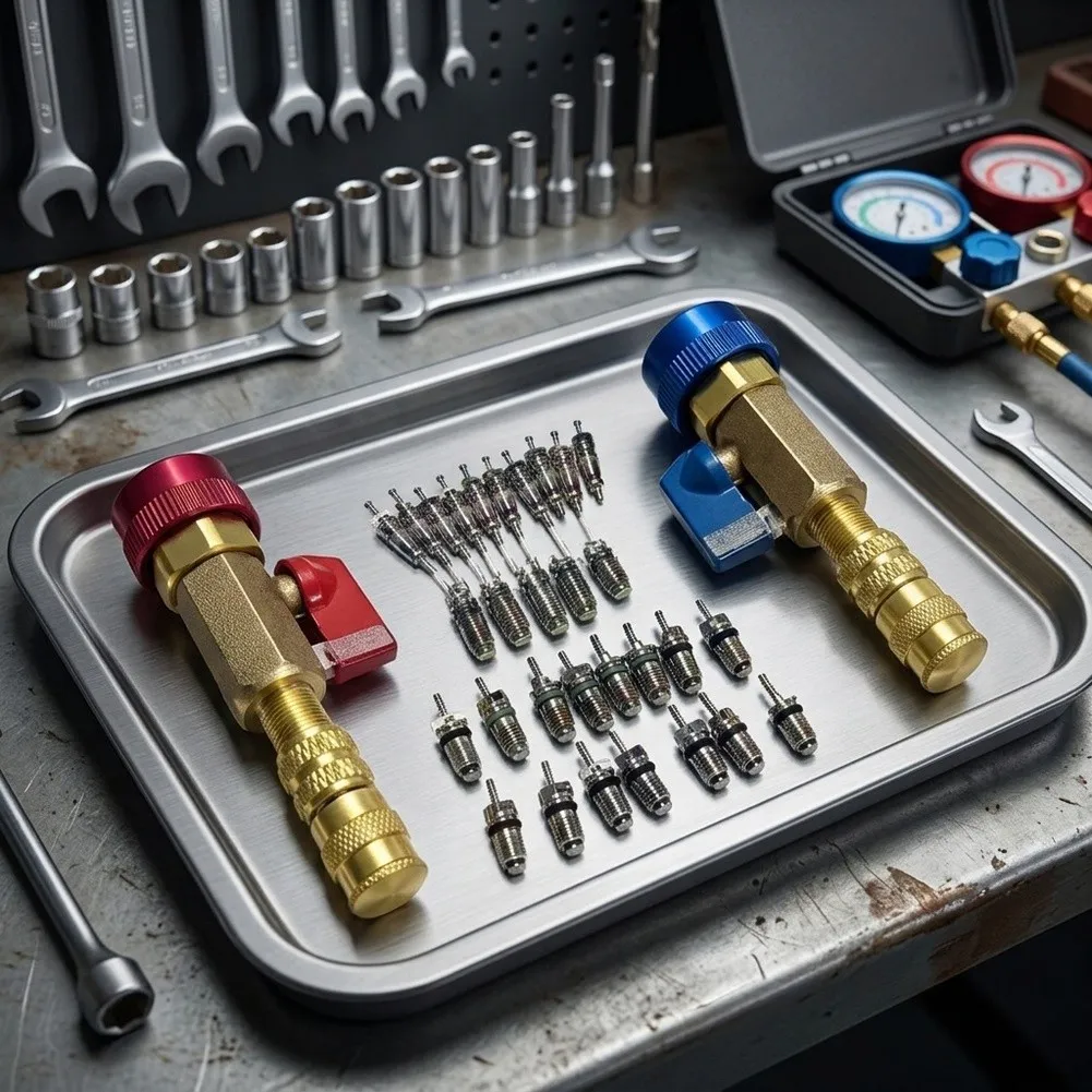 For R134a AC Valve Core Removal Tool Kit with 10 Valve Cores and Dual Pressure Wrenches for Automotive Air Conditioning