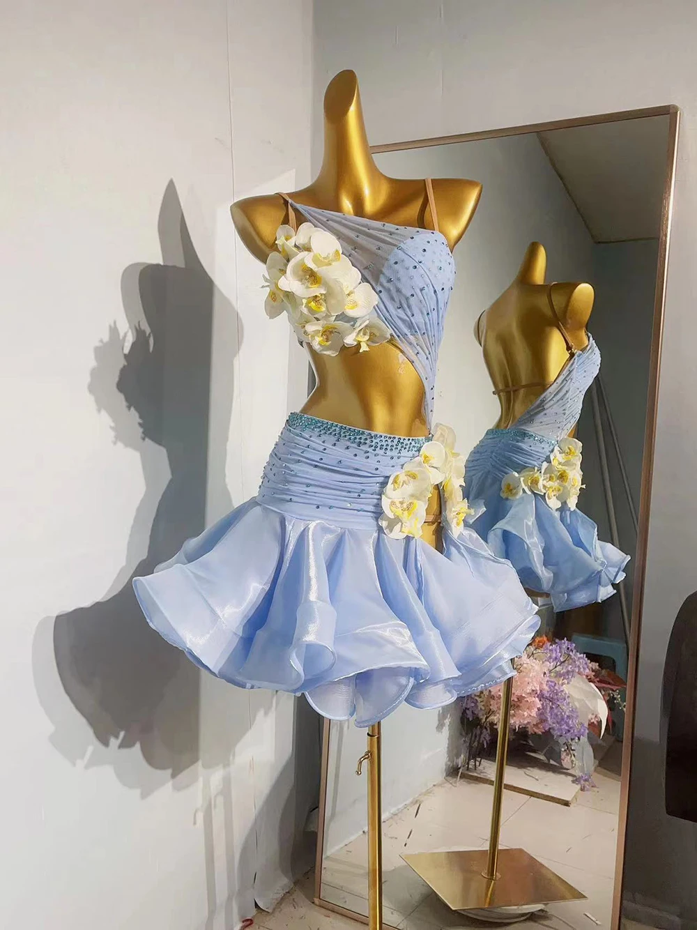 라틴 댄스 성인 및 아동 드레스 AB 스톤 하이 엔드 맞춤형 흰색 꽃 드레스 탱고 여성 전문 드레스