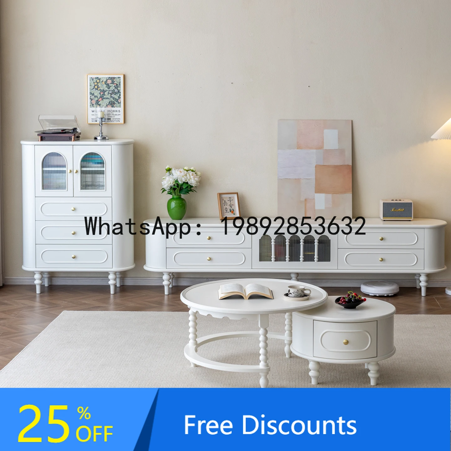 

YFY French Style Solid Wood TV Cabinet for Living Room High-End Feel, Floor-Standing American Style White Tall TV Cabinet