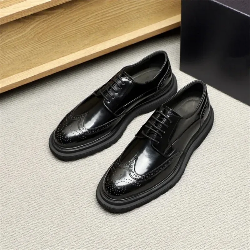 

2024 New Genuine Leather Open Edge Beads Lacquer Leather Thick Sole Elevated Leather Shoes Men's Shoe Trend Gift