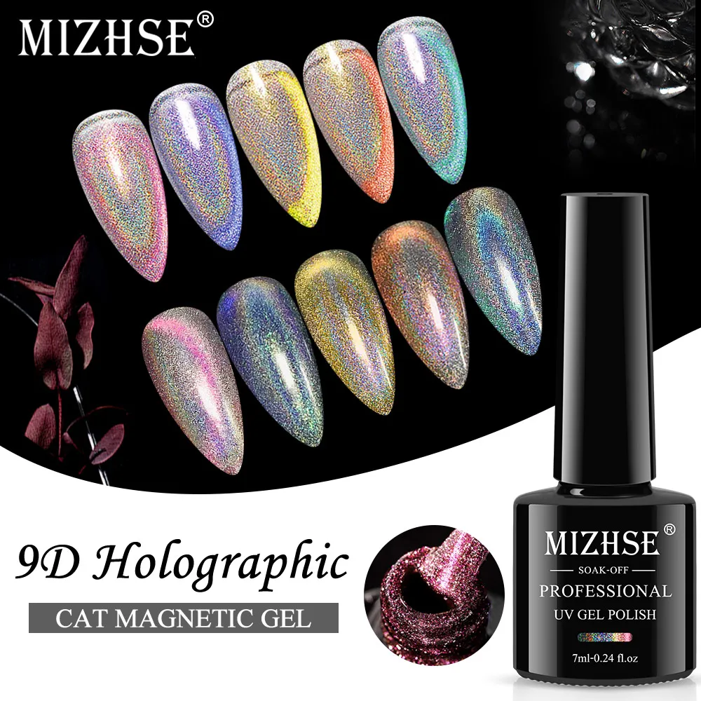 MIZHSE 7ml Laser 9D Cat Eye Gel Nail Polish Holographic Magnetic Cat Gel Varnish Semi Permanent UV/LED Nail Polish for Nail Art