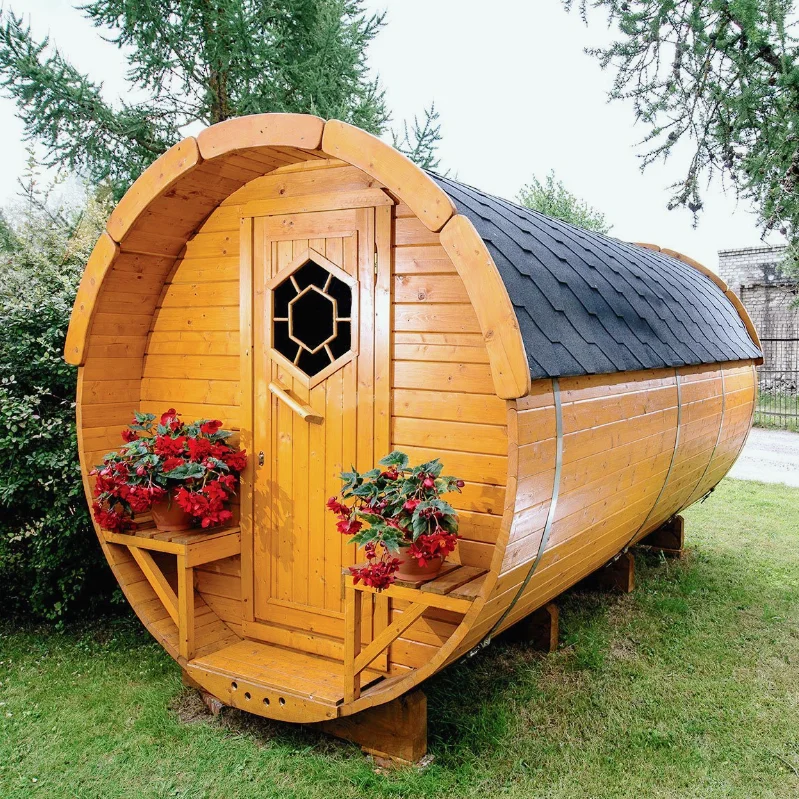 Hot Selling Outdoor 6kw Wood Fire Sauna with Private Label Canada Hemlock/Red Cedar Wood Barrel Sauna Wholesale