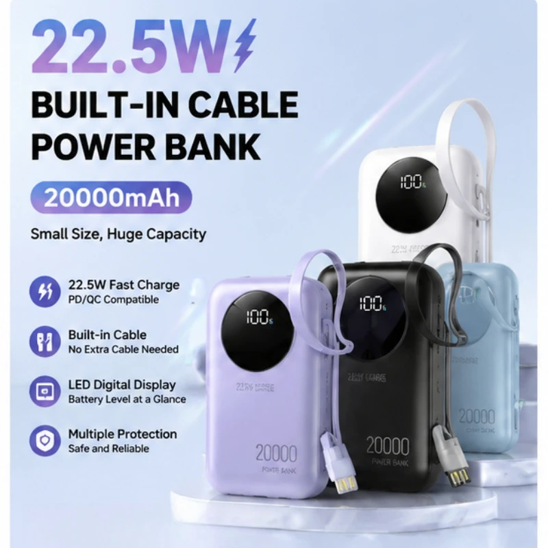 

20000mAh Power Bank Fast Charging with Battery Life Built-in Cable Large Capacity Compact and Portable Mobile Power Bank