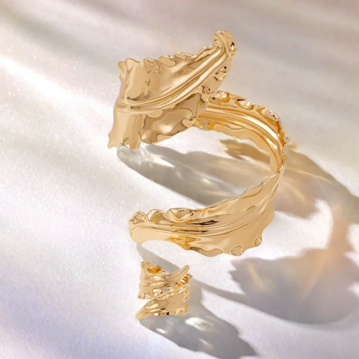 Vintage Gold Folded Leaf Bracelet & Adjustable Ring Set for Women