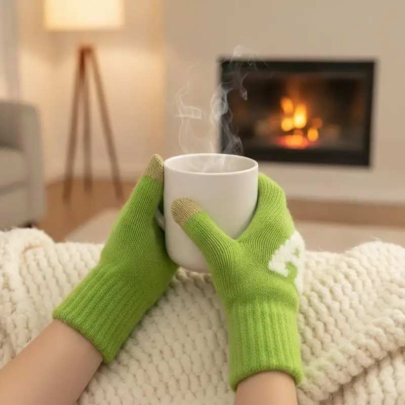 Niedliche Handschuhe mit Buchstabenmuster im Vintage-Stil, Touchscreen-fähig, für Damen, Winter, mit vollem Fingerbereich, wärmend, aus Samt und Acryl, gestrickt, für junge Frauen und Studentinnen. – Detail 3