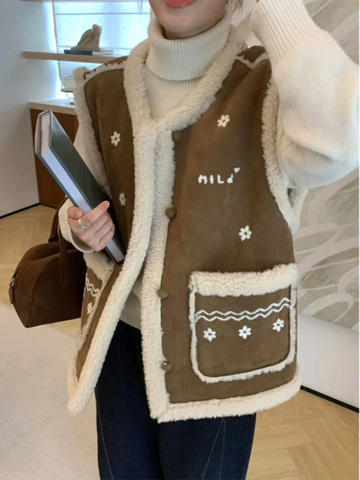 

Korean Sle Embroidered Floral Faux Fur Vest Women's Autumn Winter New Gentle Fluffy oulder Pad Jaet Outerwear