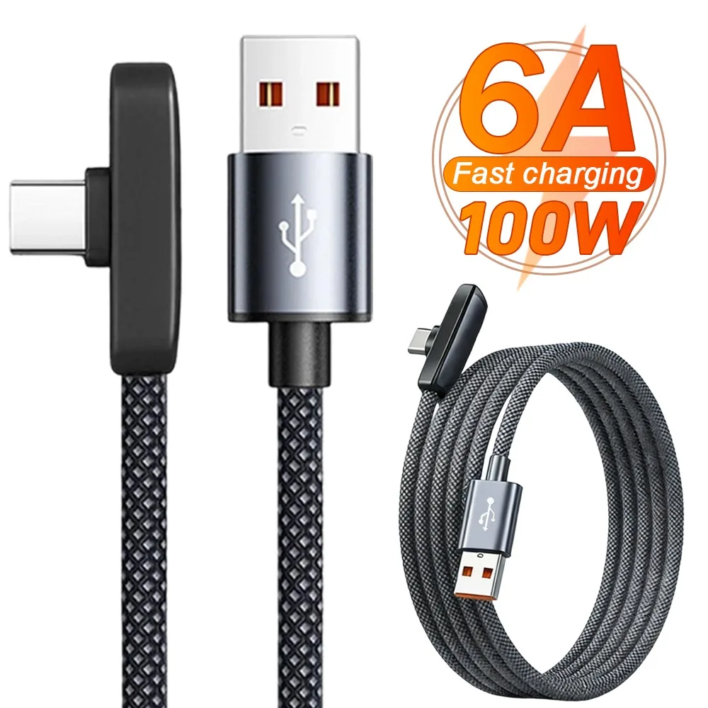 

Кабель для быстрой зарядки 100W 6A, плоский, USB-C, 90 градусов ° Зарядное устройство Elbow Design Data Line для смартфонов, планшетов и ноутбуков