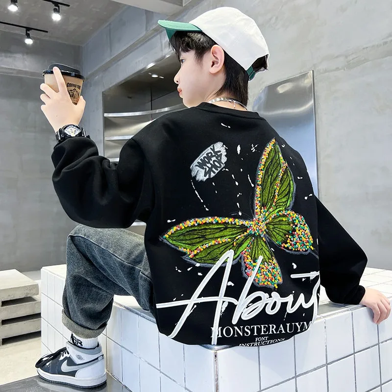 Boys' Mid-Large Size 2025 New Spring Autumn Fleece-Lined Thickened Trendy Sweatshirt