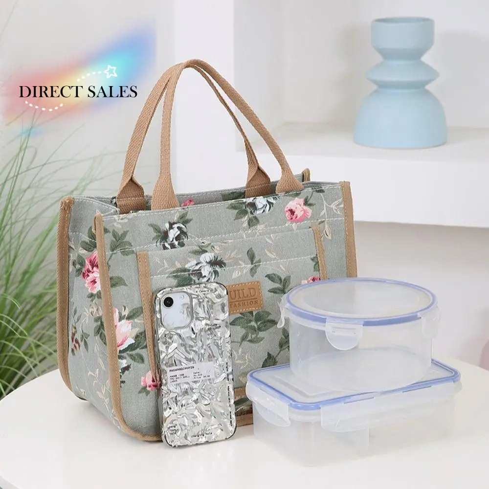 حقيبة تخزين المواد الغذائية معزولة الأزهار طباعة الغداء حقيبة احباط بطانة زهرة حقيبة يد من القماش سعة كبيرة النمط الياباني حمل حقيبة المرأة #1