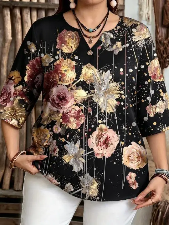 Women Vintage Watercolor Floral Print Blouse, V‑Neck Half Placket Fake Buttons 3/4 Elbow Sleeve Loose Top