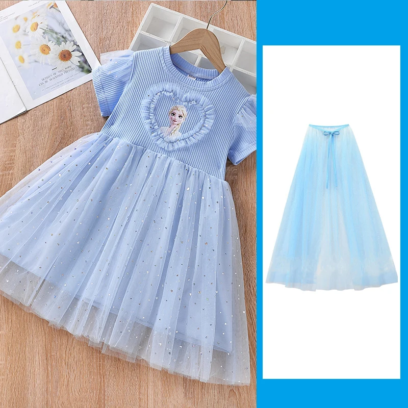 Disney 2025 New Summer Girls Dress Children Frozen Elsa Anna Princess for Girl Short Sleeve Party Dresses Fashion 2-8T