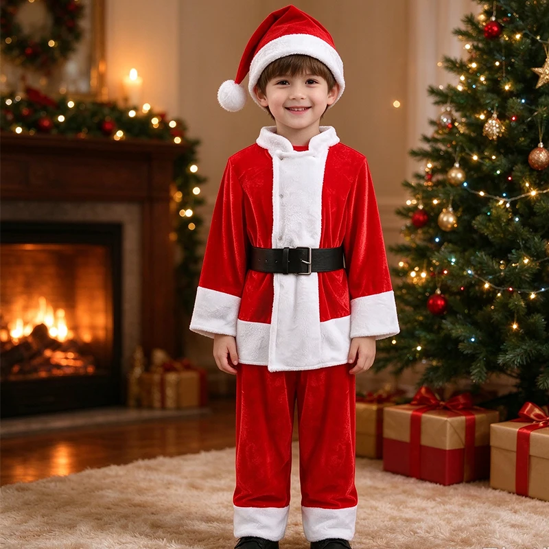2025 Kinder Weihnachten Weihnachtsmann Kostüm Anzug Cosplay Deluxe Plüsch Claus Kostüm für Jungen Mädchen Halloween Weihnachten Party Outfits