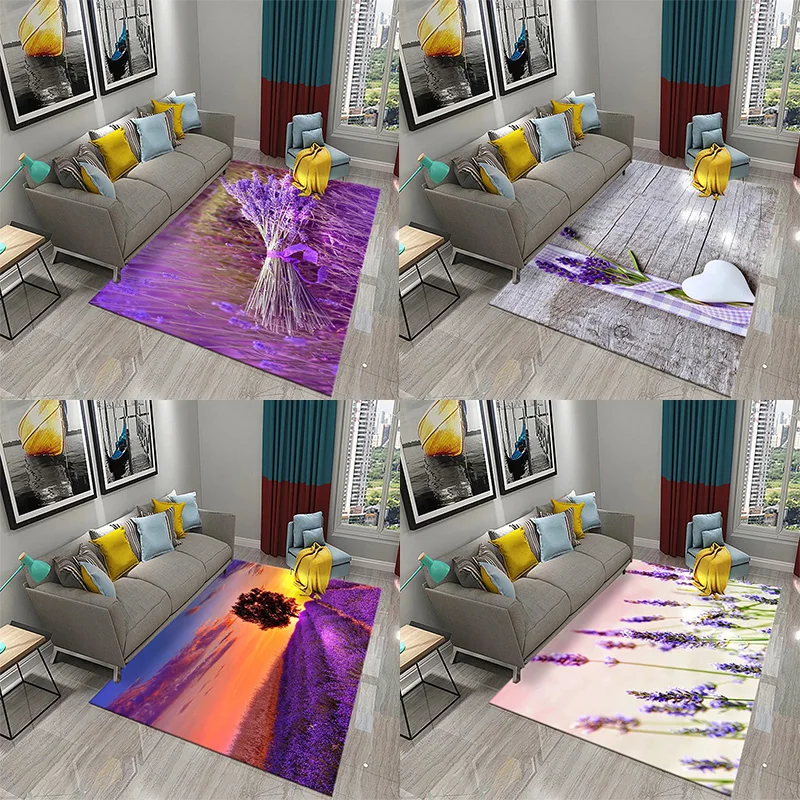 

Purple Lavender Flowers Carpet Romantic Sea Of Flowers Design Bedroom Home And Bathroom Entrance Non-Slip Decor