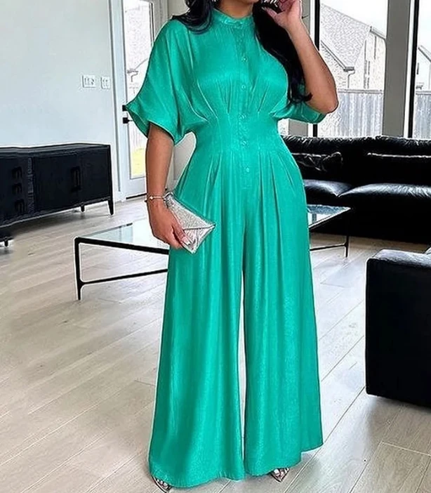 

Elegant Style 2024 Women's Jumpsuit Summer Casual Fashion High Waist Half Sleeved Solid Color Long Wide Leg Pants Jumpsuit