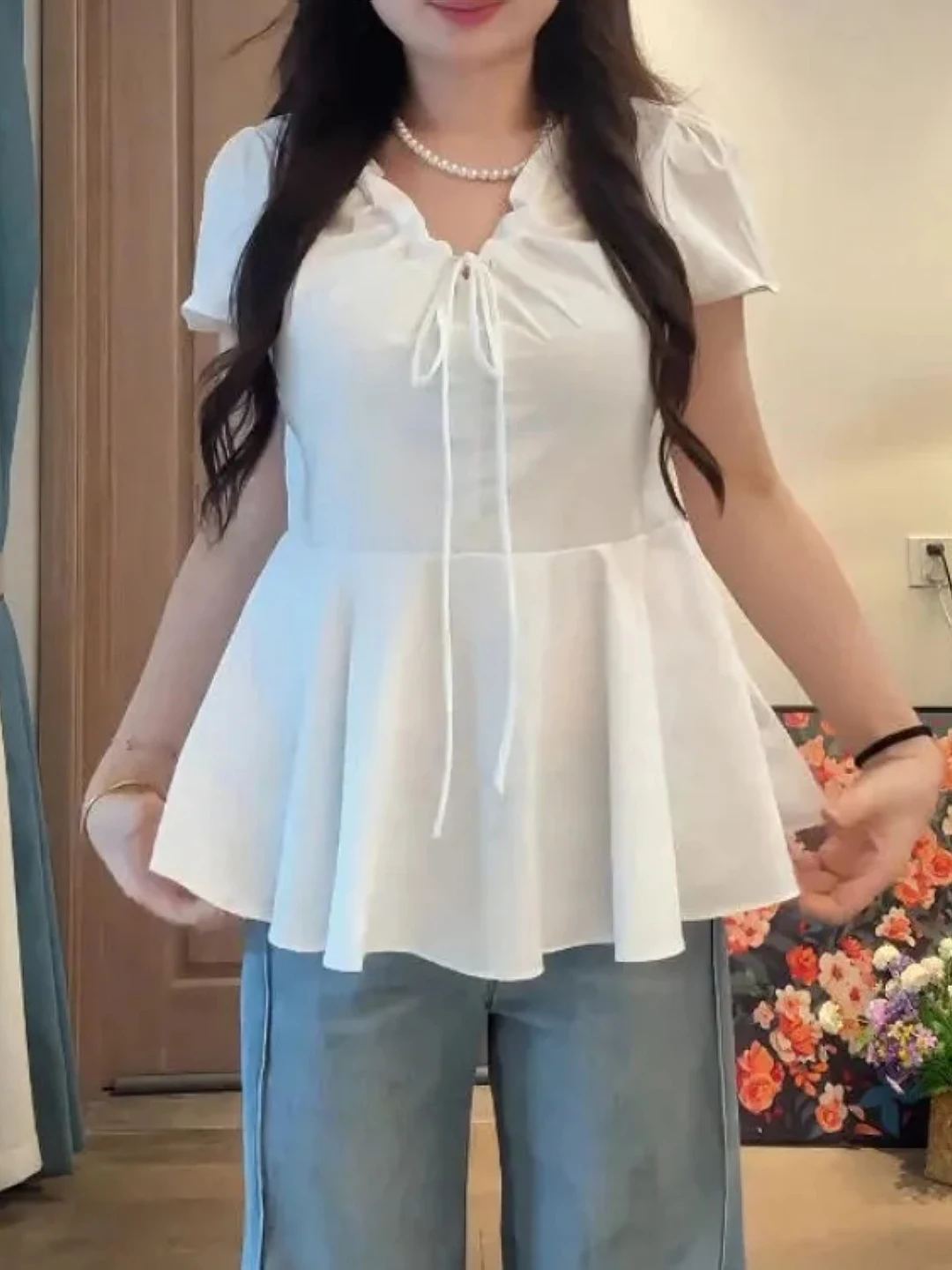 

plus Size Casual Korean Style Short Sleeve Shirt Women's Summer Slimming V-Neck Waist-Cinching Top Skin-Friendly Breathable