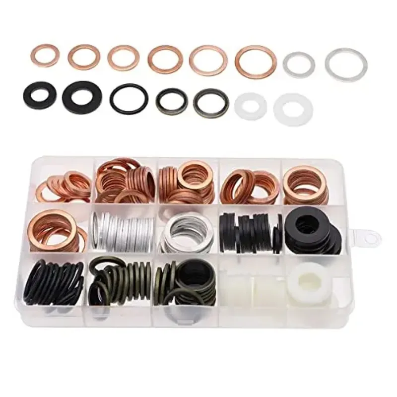 190Pcs Washer Assortment Kit 15 Sizes Nylon Copper Aluminum Flat Bonded Seal Ring for Plumbing Maintenance