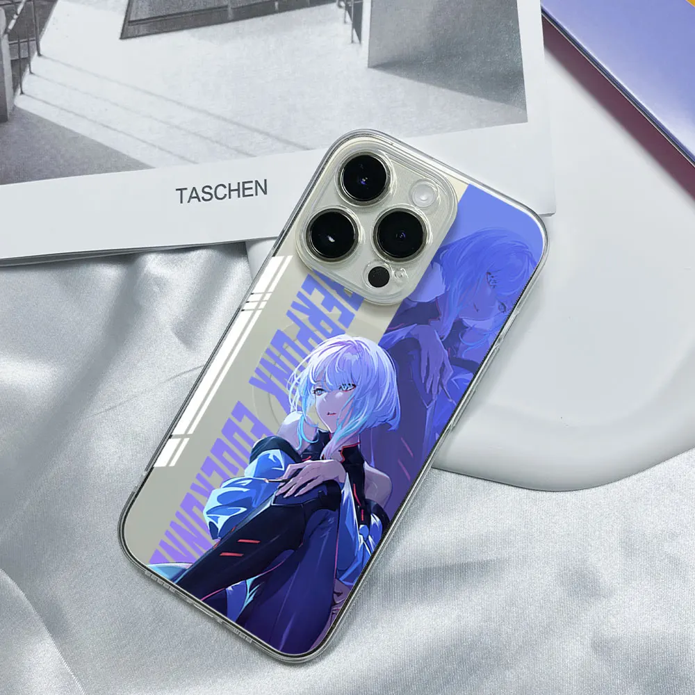 C-CyberpunkS Cartoon E-Edgerunners Phone Case for iPhone 12 11 14 15 16 Max Pro Plus Transparent Magsafe Magnetic Wireless Cover