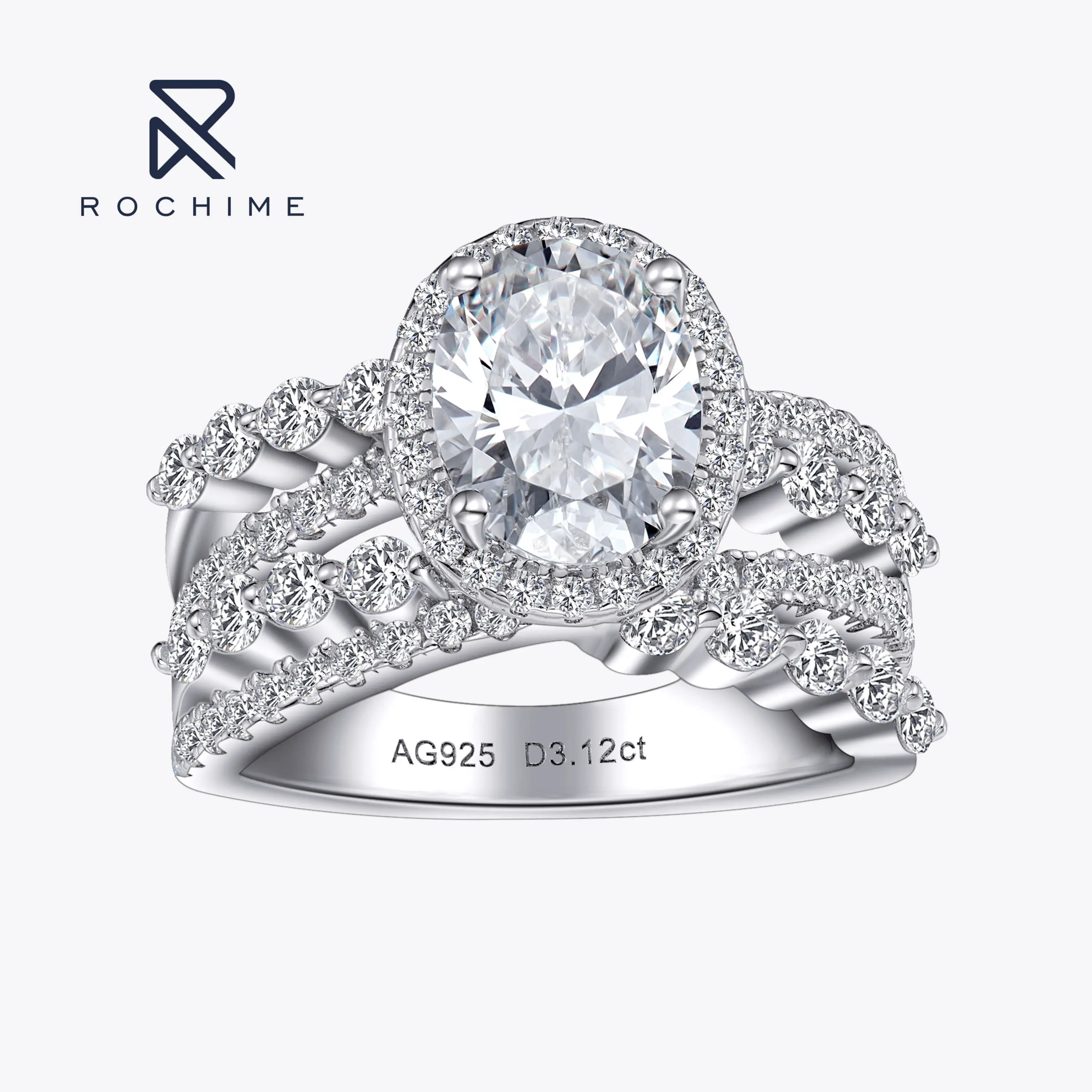 

Rochime Luxury Multilayer Oval Cut Diamond Rings S925 Silver Rhodium Plated CZ Zircon Luxury Jewelry For Women