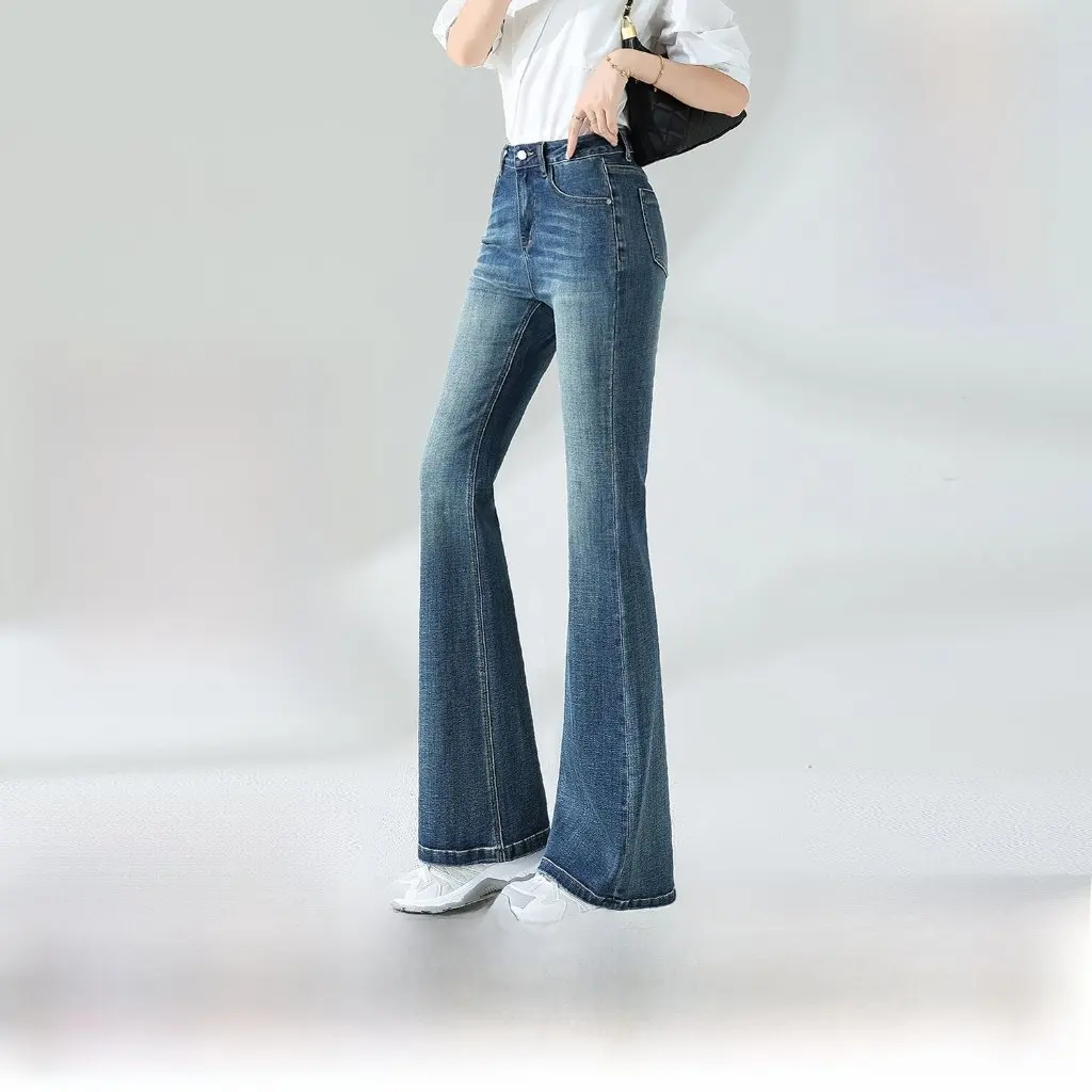

Retro Blue Bootcut Jeans High Waist Slim Fit Flared Horseshoe Pants for Women Autumn New Style Small