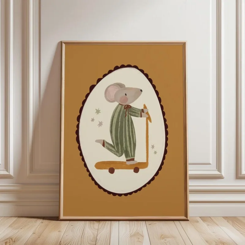 

2D/Flat Retro Mouse Scooter Wall Art, Frameless Minimalist Cute Nursery Canvas Prints for Living Room and Bedroom Decortion Gift