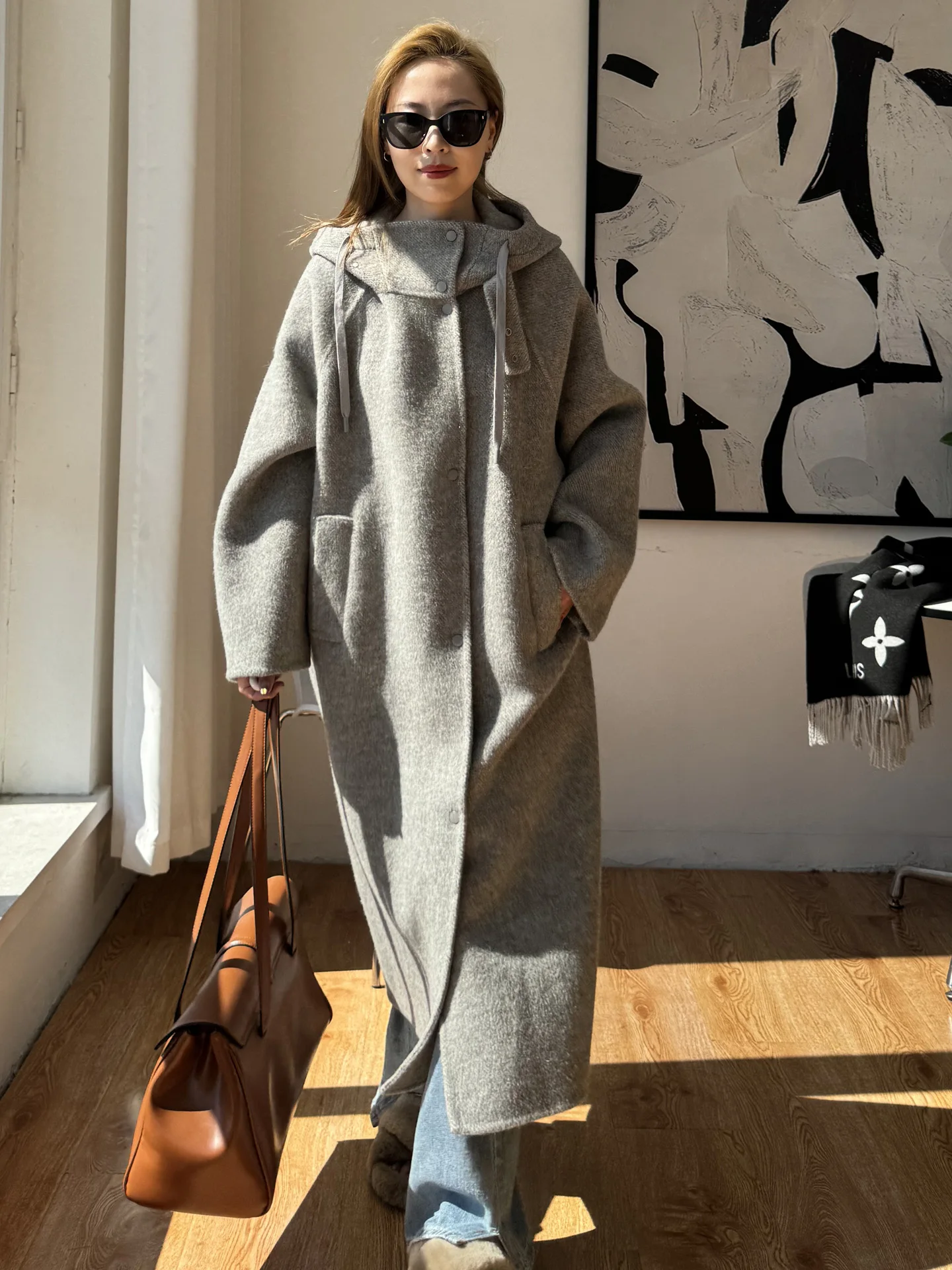 2025 Autumn New High End Warm Thickened Grey Hooded Double Sided Wool Coat Women Winter Long Loose Wool Handmade Solid Jacket
