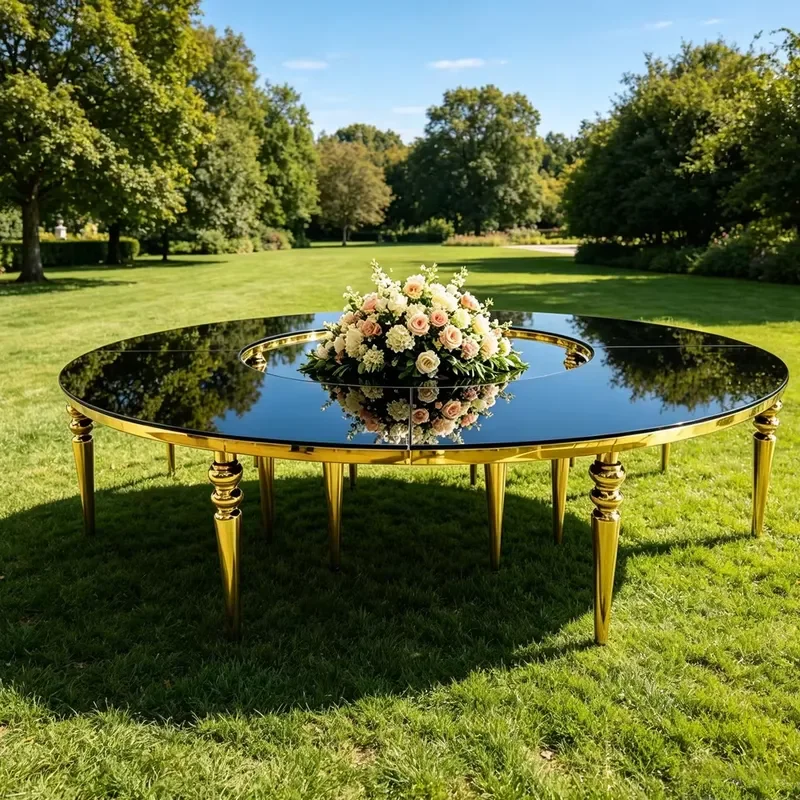 Gold Legs Round Wedding Table Black Glass Top Event Table for Banquet